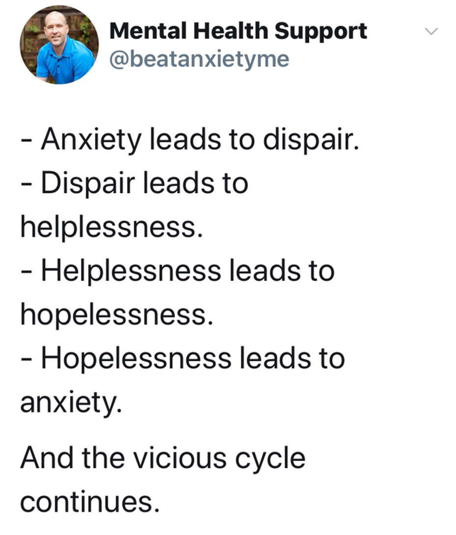 <p>The vicious cycle of <a class="tm-topic-link mighty-topic" title="Anxiety" href="/topic/anxiety/" data-id="5b23ce5f00553f33fe98d1b4" data-name="Anxiety" aria-label="hashtag Anxiety">#Anxiety</a></p>
