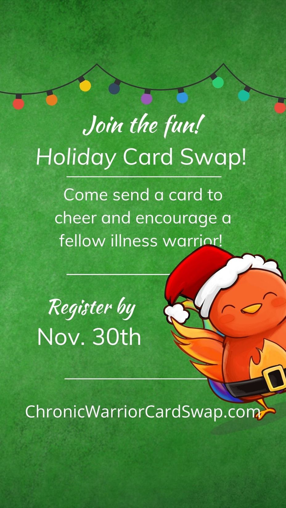 <p>Holiday Card Swap <a class="tm-topic-link mighty-topic" title="#MightyPets Community" href="/topic/mightypets/" data-id="5bbff887e4e4cc00ac2a02a2" data-name="#MightyPets Community" aria-label="hashtag #MightyPets Community">#MightyPets</a>  <a class="tm-topic-link mighty-topic" title="Mighty Cards" href="/topic/mightycards/" data-id="5c50fb8281091000c9fcceee" data-name="Mighty Cards" aria-label="hashtag Mighty Cards">#MightyCards</a>  <a class="tm-topic-link mighty-topic" title="Chronic Illness" href="/topic/chronic-illness/" data-id="5b23ce6f00553f33fe98fe39" data-name="Chronic Illness" aria-label="hashtag Chronic Illness">#ChronicIllness</a>  <a class="tm-topic-link mighty-topic" title="Chronic Pain" href="/topic/chronic-pain/" data-id="5b23ce6f00553f33fe98ff5b" data-name="Chronic Pain" aria-label="hashtag Chronic Pain">#ChronicPain</a>  <a class="tm-topic-link ugc-topic" title="RLS" href="/topic/rls/" data-id="5b23ceb200553f33fe99b993" data-name="RLS" aria-label="hashtag RLS">#RLS</a>  <a class="tm-topic-link mighty-topic" title="Fibromyalgia" href="/topic/fibromyalgia/" data-id="5b23ce7f00553f33fe992ab1" data-name="Fibromyalgia" aria-label="hashtag Fibromyalgia">#Fibromyalgia</a> </p>