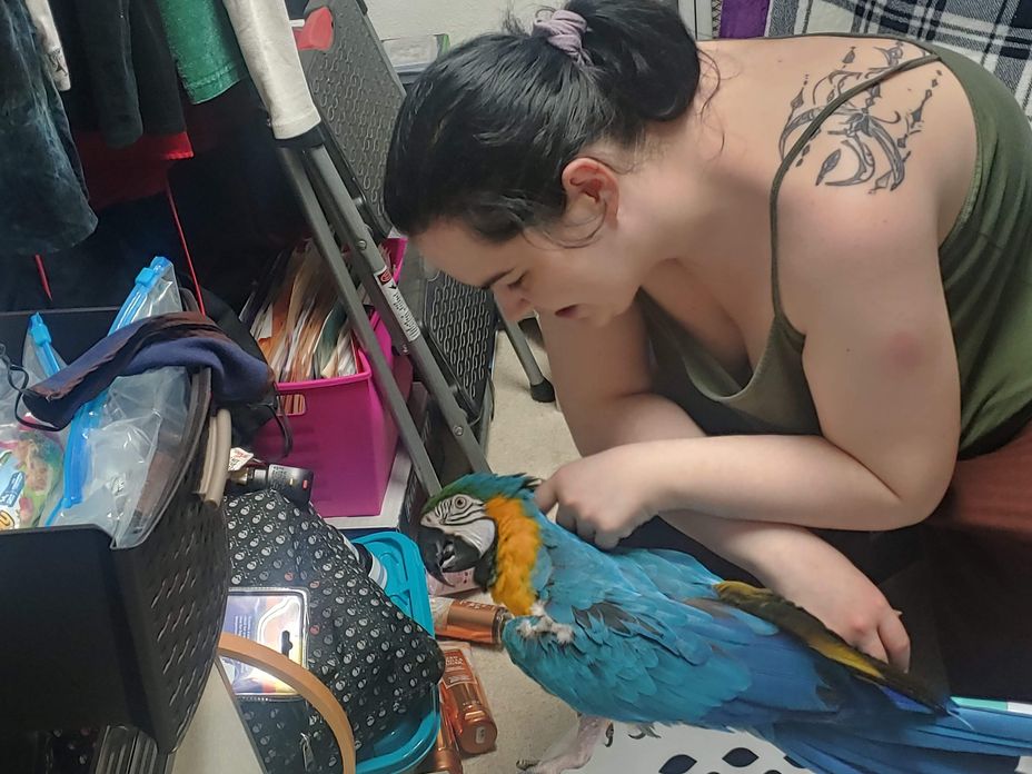 <p>Me and my adorable bird Sammy hanging out in the closet!</p>