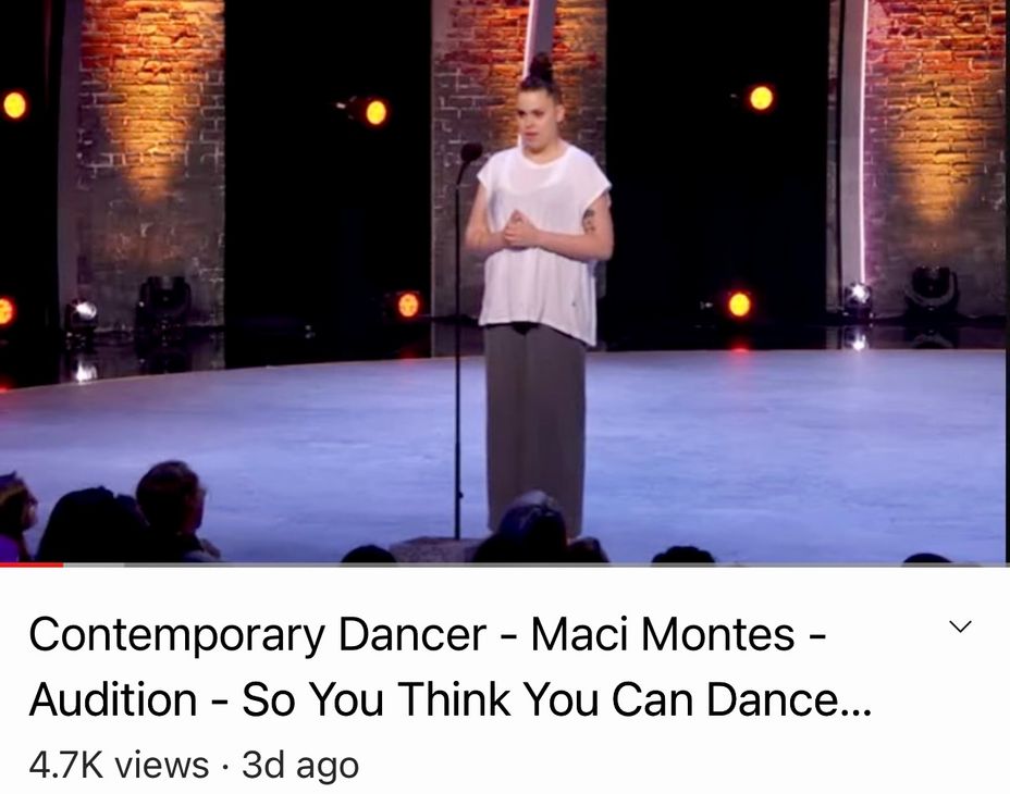 <p>Representing Us-Inspiration-Maci Montes, age 19-Her Audition And Her Story that aired on this season of SYTYCD <a class="tm-topic-link ugc-topic" title="Major Depression" href="/topic/major-depression/" data-id="5b23ce9700553f33fe996fd1" data-name="Major Depression" aria-label="hashtag Major Depression">#MajorDepression</a>  <a class="tm-topic-link ugc-topic" title="inspiration" href="/topic/inspiration/" data-id="5b23ce8d00553f33fe995115" data-name="inspiration" aria-label="hashtag inspiration">#Inspiration</a> </p>