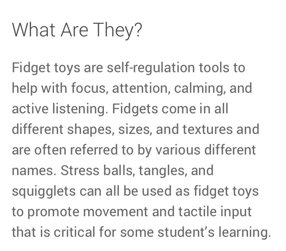 <p>What Fidgets Toy do you have? <a class="tm-topic-link ugc-topic" title="fidget toys" href="/topic/fidget-toys/" data-id="5b23ce7f00553f33fe992b32" data-name="fidget toys" aria-label="hashtag fidget toys">#FidgetToys</a>  <a class="tm-topic-link ugc-topic" title="sensory issues" href="/topic/sensory-issues/" data-id="5b23ceb600553f33fe99c464" data-name="sensory issues" aria-label="hashtag sensory issues">#SensoryIssues</a>  <a class="tm-topic-link mighty-topic" title="Autism Spectrum Disorder" href="/topic/autism/" data-id="5b23ce6200553f33fe98da7f" data-name="Autism Spectrum Disorder" aria-label="hashtag Autism Spectrum Disorder">#Autism</a>  <a class="tm-topic-link mighty-topic" title="Mental Health" href="/topic/mental-health/" data-id="5b23ce5800553f33fe98c3a3" data-name="Mental Health" aria-label="hashtag Mental Health">#MentalHealth</a> </p>