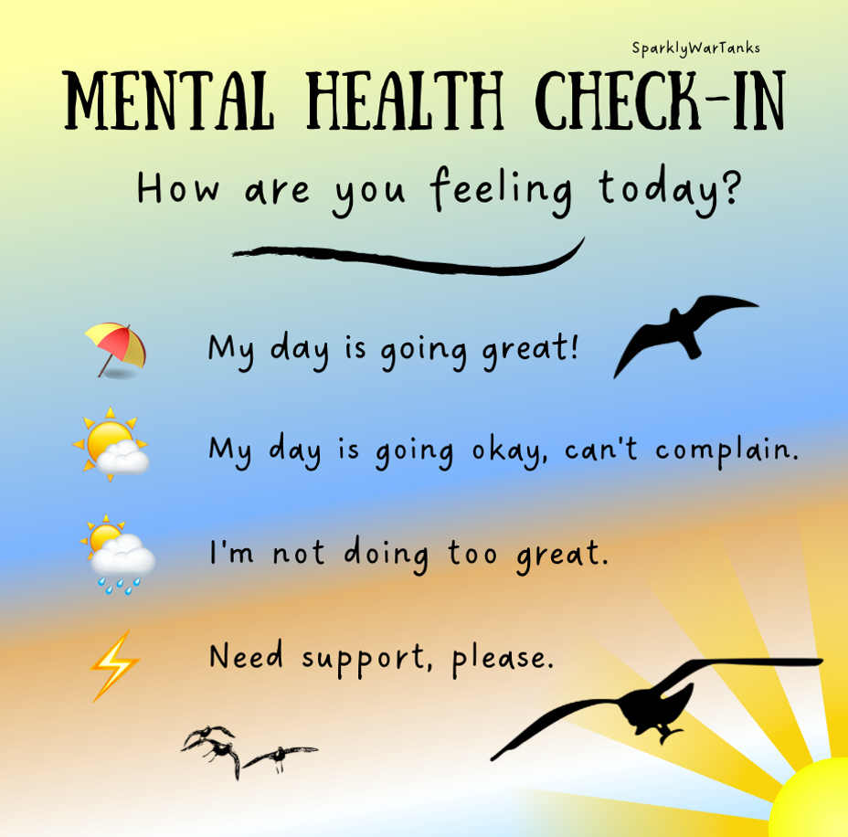 <p><a href="https://themighty.com/topic/mental-health/?label=Mental Health" class="tm-embed-link  tm-autolink health-map" data-id="5b23ce5800553f33fe98c3a3" data-name="Mental Health" title="Mental Health" target="_blank">Mental Health</a> Check-in</p>