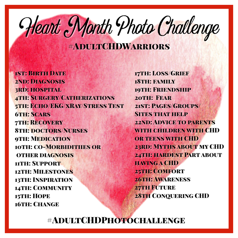 <p>Heart Month Photo Challenge <a class="tm-topic-link ugc-topic" title="adultchdwarriors" href="/topic/adultchdwarriors/" data-id="5e90e5d4d9c40700e06d8d4d" data-name="adultchdwarriors" aria-label="hashtag adultchdwarriors">#adultchdwarriors</a> </p>