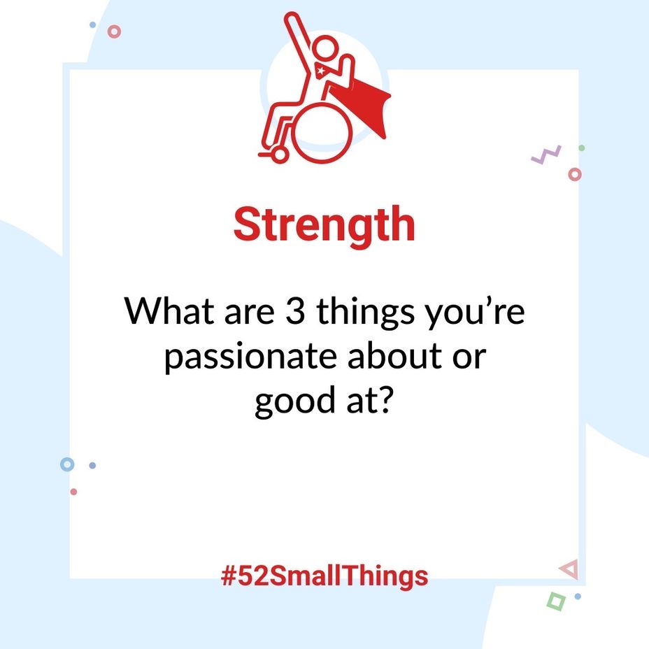 <p>What are 3 things you’re passionate about or good at? <a class="tm-topic-link mighty-topic" title="#52SmallThings: A Weekly Self-Care Challenge" href="/topic/52-small-things/" data-id="5c01a326d148bc9a5d4aefd9" data-name="#52SmallThings: A Weekly Self-Care Challenge" aria-label="hashtag #52SmallThings: A Weekly Self-Care Challenge">#52SmallThings</a> </p>