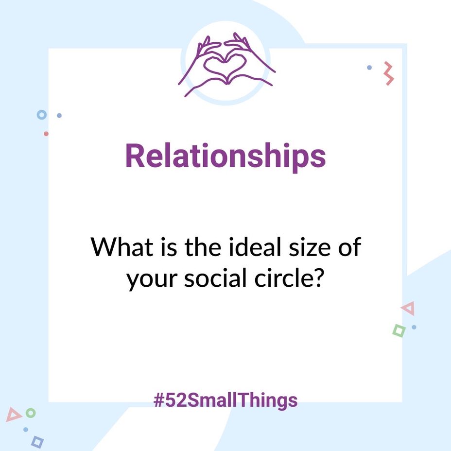 <p>What is the ideal size of your social circle? <a class="tm-topic-link mighty-topic" title="#52SmallThings: A Weekly Self-Care Challenge" href="/topic/52-small-things/" data-id="5c01a326d148bc9a5d4aefd9" data-name="#52SmallThings: A Weekly Self-Care Challenge" aria-label="hashtag #52SmallThings: A Weekly Self-Care Challenge">#52SmallThings</a> </p>